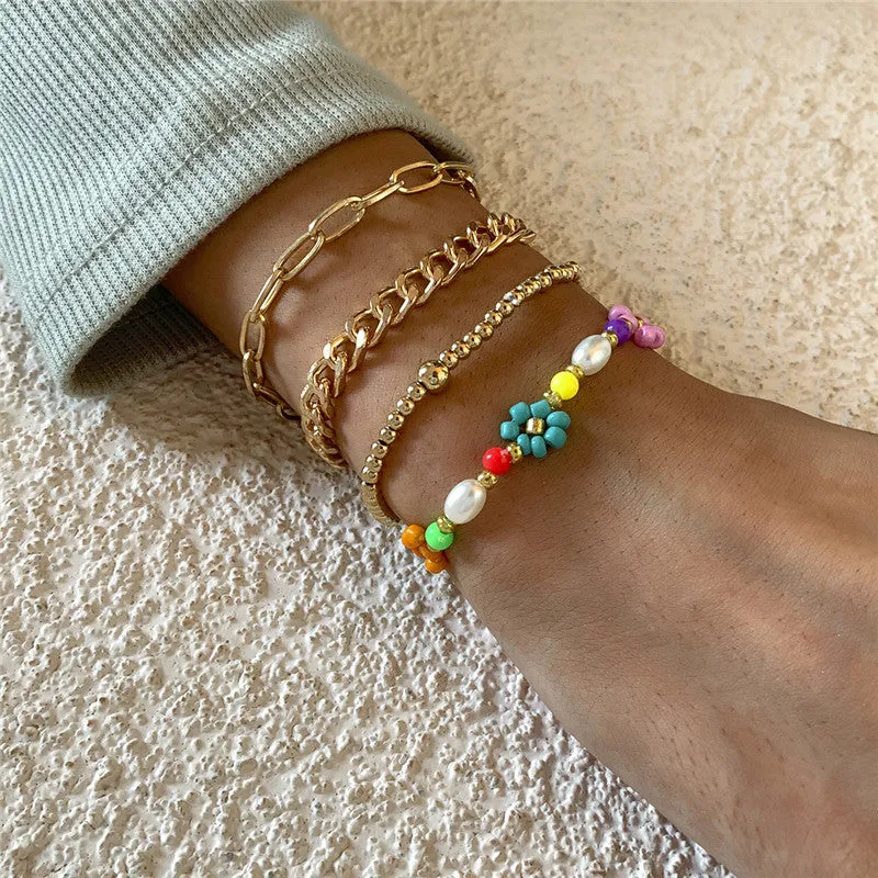 Boho Style Small Daisy Flower Rice Bead Bracelet Women