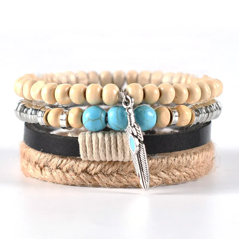 Boho Turquoise Feather Pendant Set Multilayer Leather Bracelet