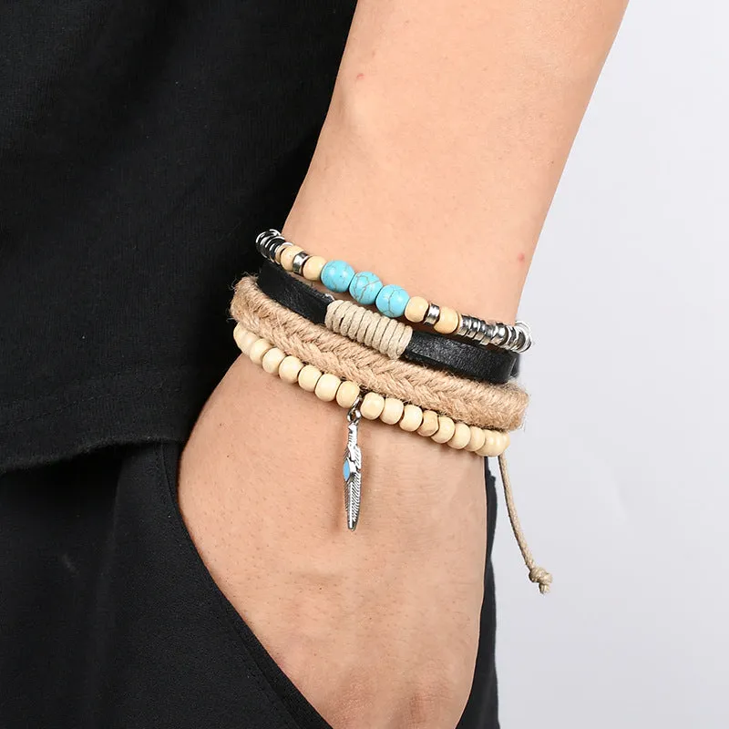 Boho Turquoise Feather Pendant Set Multilayer Leather Bracelet