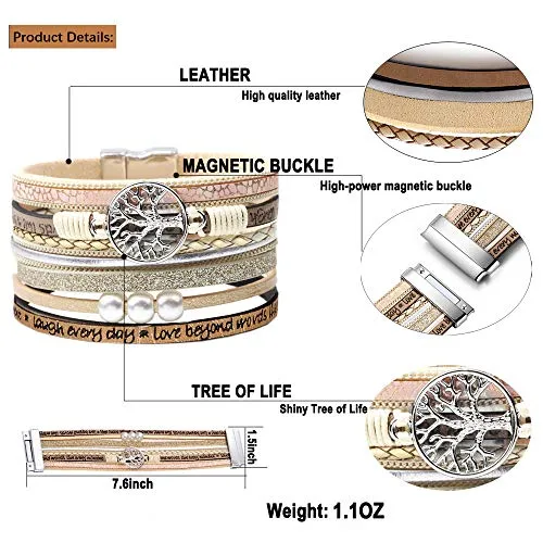 Bracelets for Women Wrap Boho Buckle Stacking Multilayer Leather Wide Layered Family Tree of Life Inspirational Bracelet Mothers Day Birthday Christmas Jewelry Gifts for Teen Teenage Year Old Girls