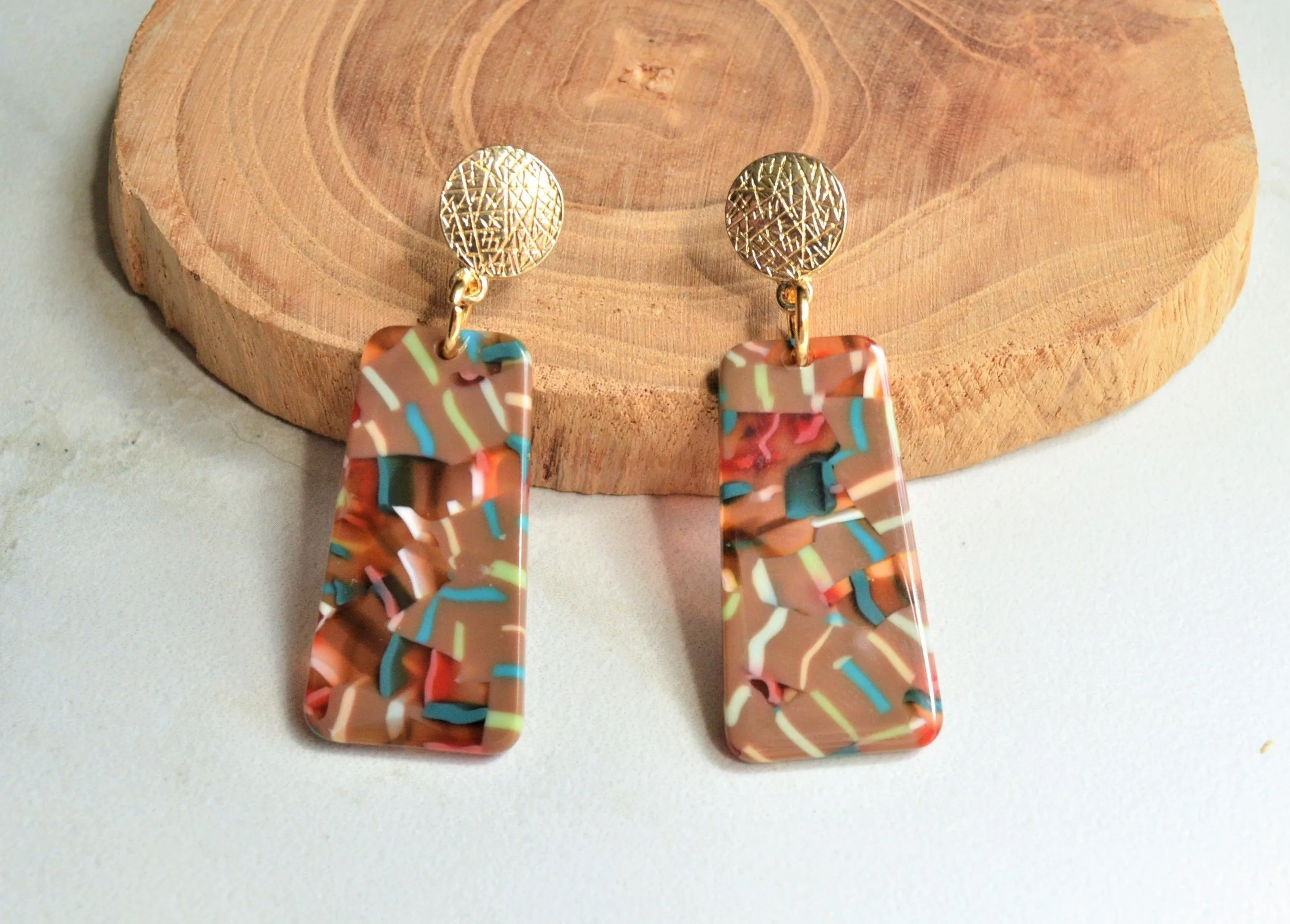 Brown Green Red Acrylic Terrazzo Big Dangle Statement Earrings - Nevaeh