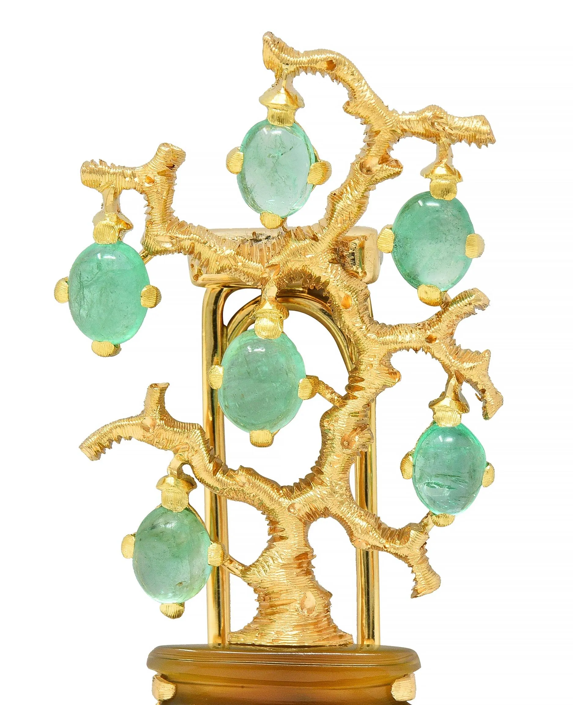 Buccellati Vintage Emerald Carved Agate 18 Karat Yellow Gold Giardinetti Tree Brooch