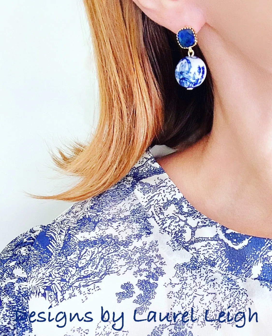 Chinoiserie Orchid Floral & Sapphire Earrings