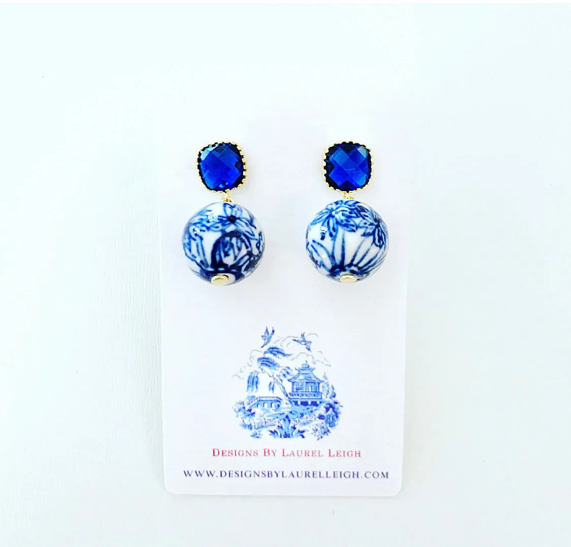 Chinoiserie Orchid Floral & Sapphire Earrings