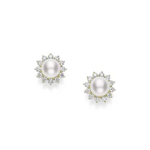 Classic Akoya Cultured Pearl Diamond Sunburst Earrings in 18K Yellow Gold