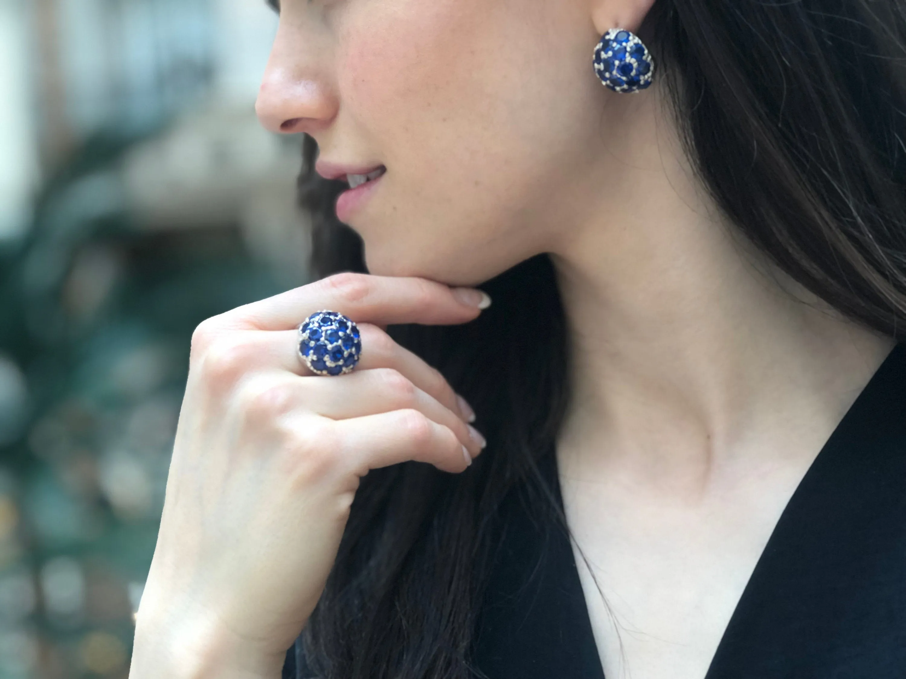 Cluster Sapphire Ring - Blue Statement Ring - Vintage Sphere Ring