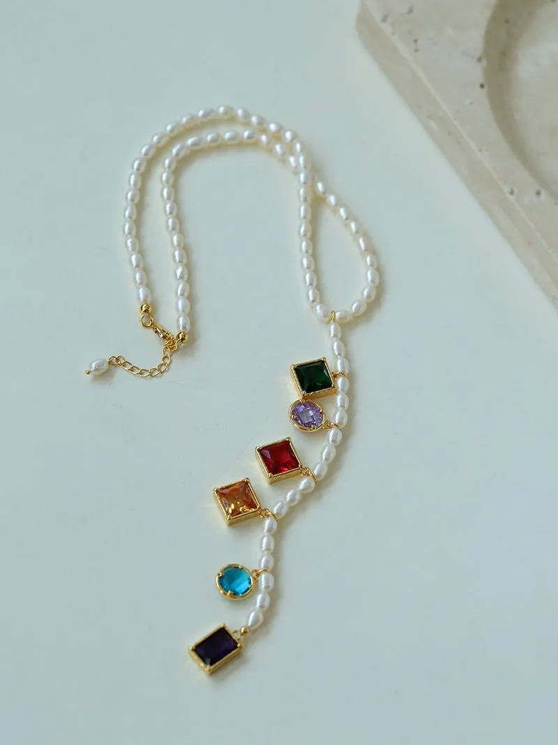 Colorful Geometric Multi-Gemstone Pendant and Pearl Y-shaped Necklace