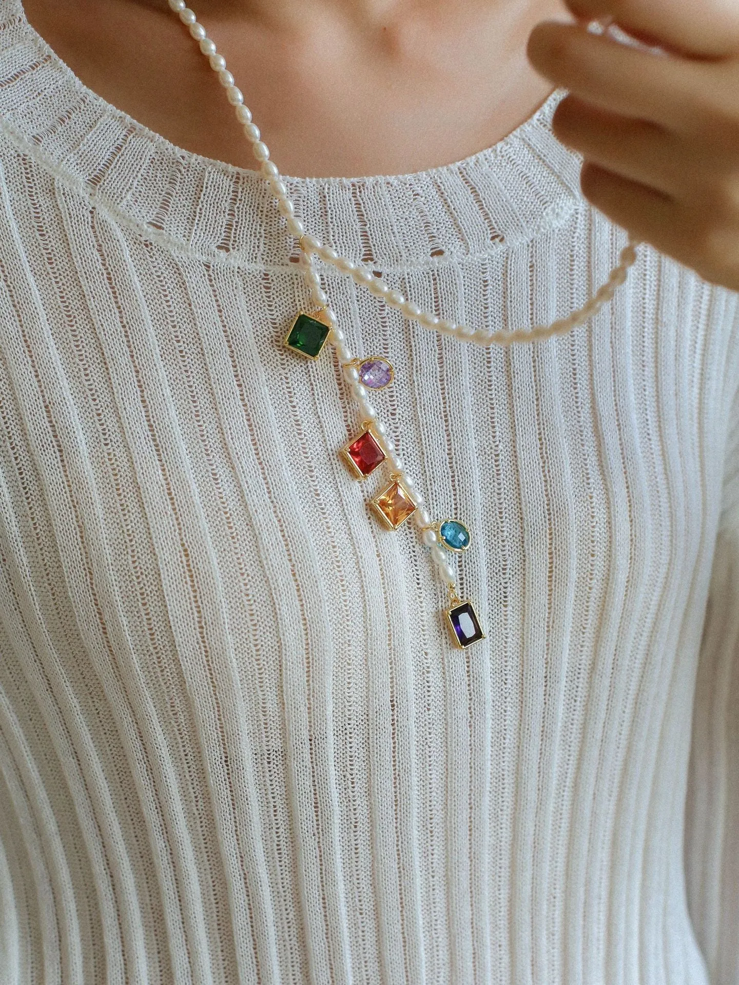 Colorful Geometric Multi-Gemstone Pendant and Pearl Y-shaped Necklace