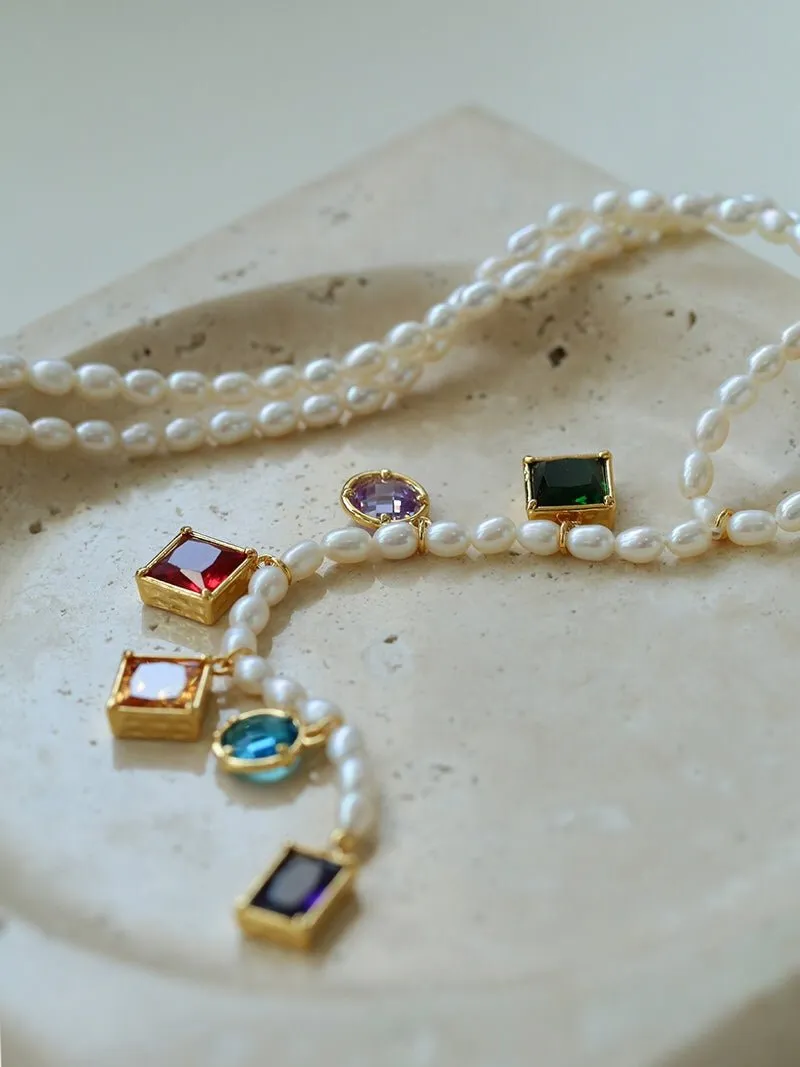 Colorful Geometric Multi-Gemstone Pendant and Pearl Y-shaped Necklace