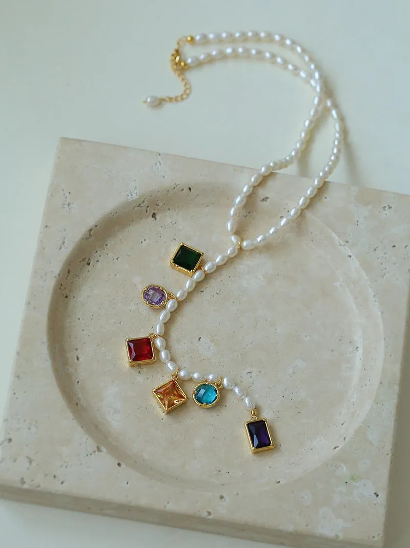 Colorful Geometric Multi-Gemstone Pendant and Pearl Y-shaped Necklace