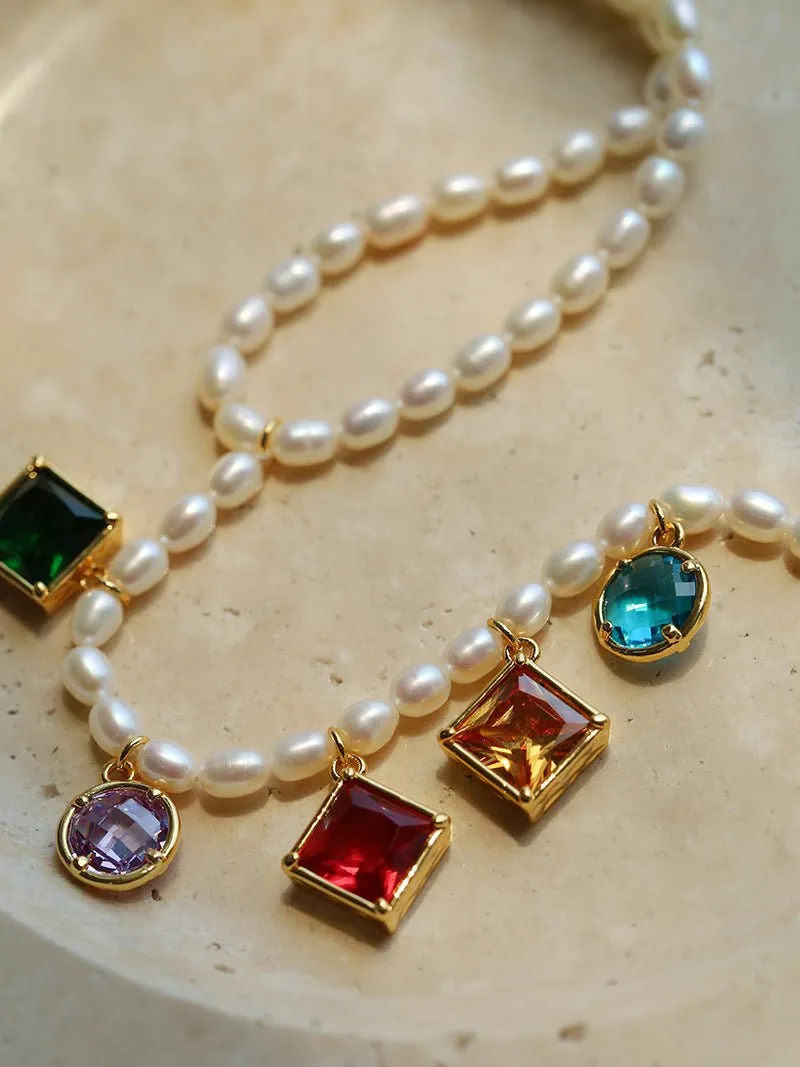 Colorful Geometric Multi-Gemstone Pendant and Pearl Y-shaped Necklace