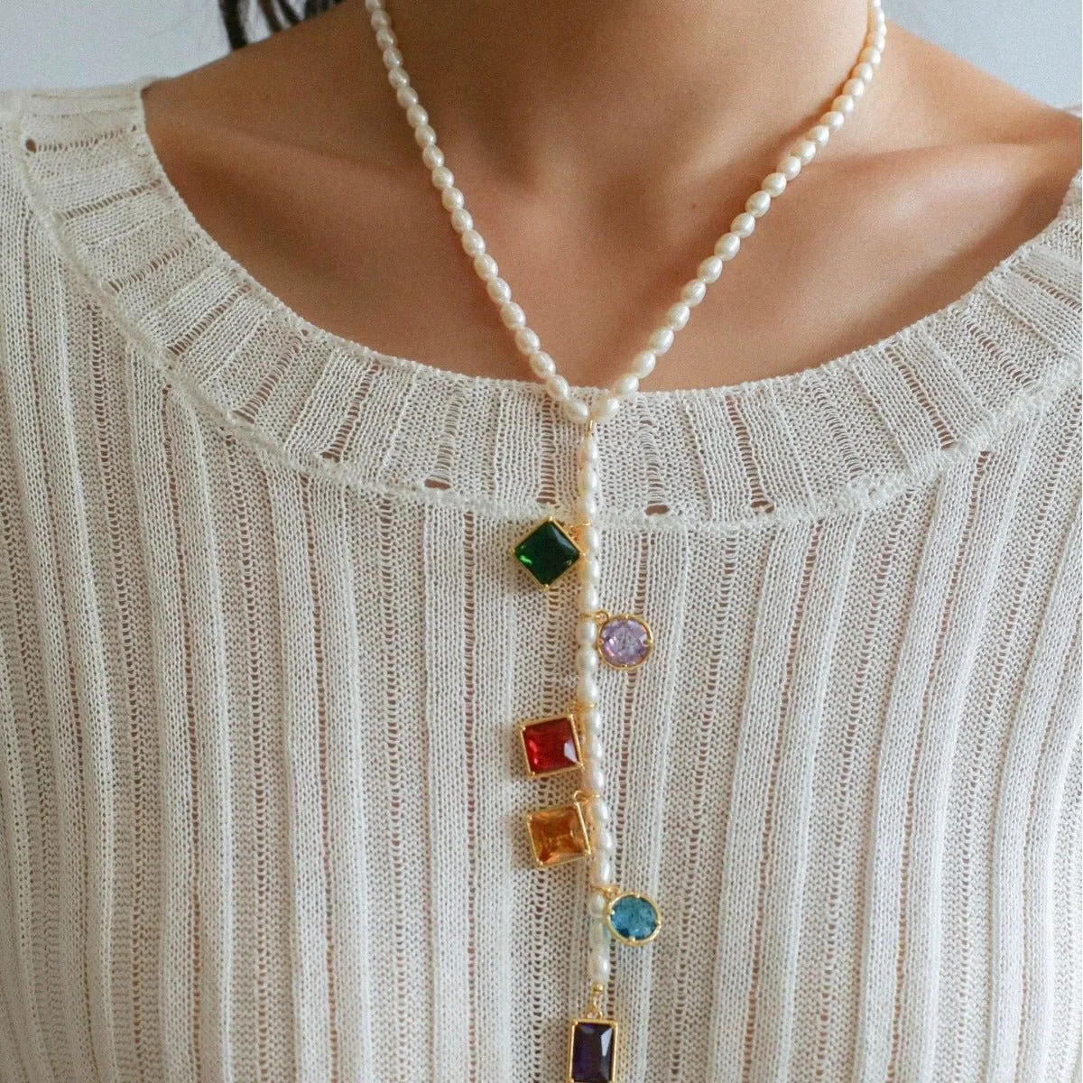 Colorful Geometric Multi-Gemstone Pendant and Pearl Y-shaped Necklace