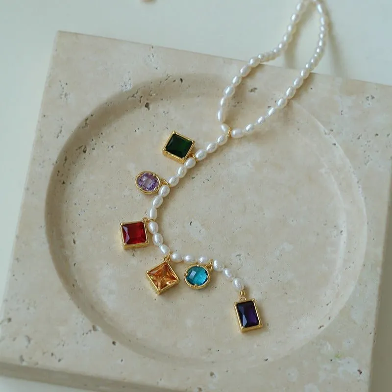 Colorful Geometric Multi-Gemstone Pendant and Pearl Y-shaped Necklace