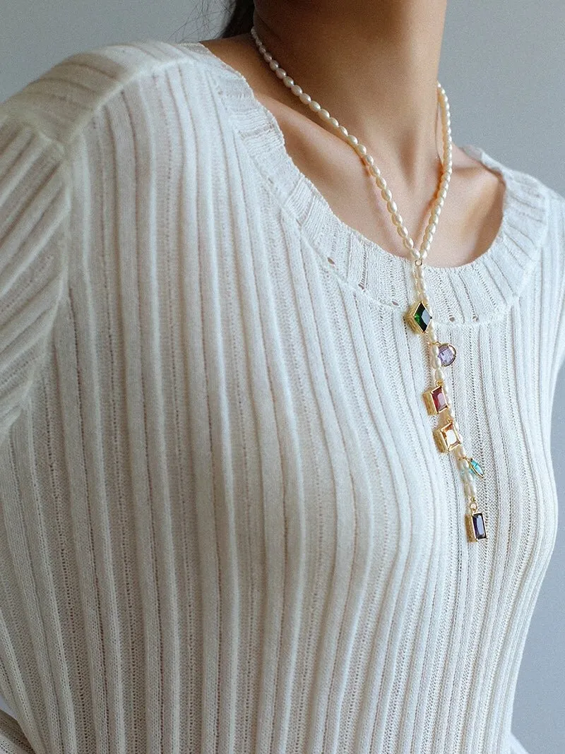 Colorful Geometric Multi-Gemstone Pendant and Pearl Y-shaped Necklace