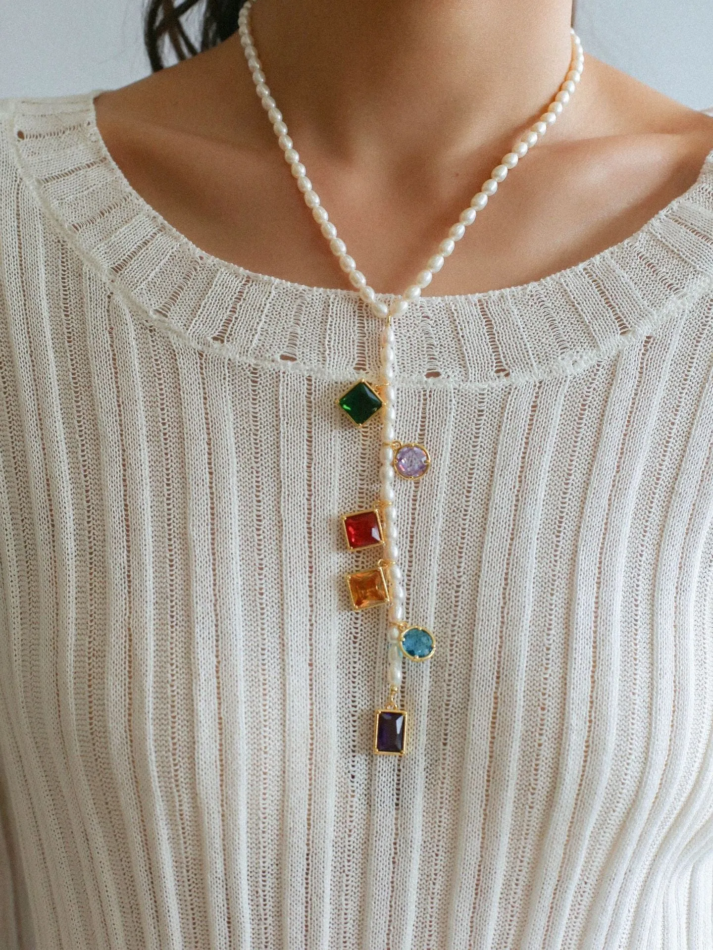 Colorful Geometric Multi-Gemstone Pendant and Pearl Y-shaped Necklace