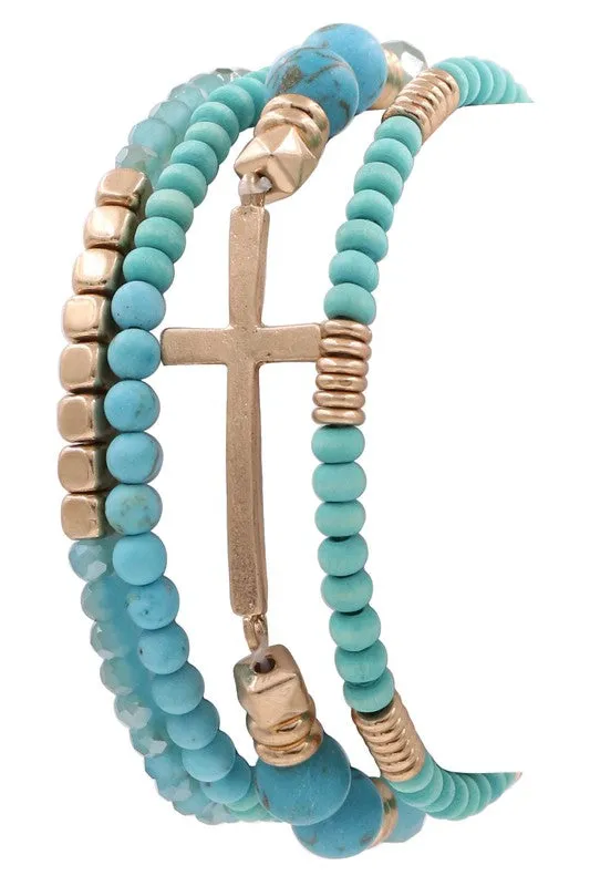 Cross Bracelet with Wood and Semi Precious Stone Beads