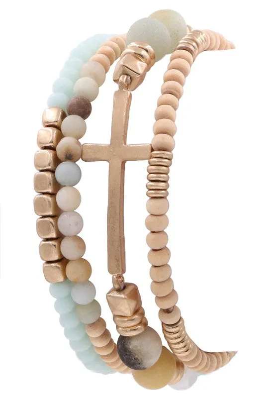 Cross Bracelet with Wood and Semi Precious Stone Beads