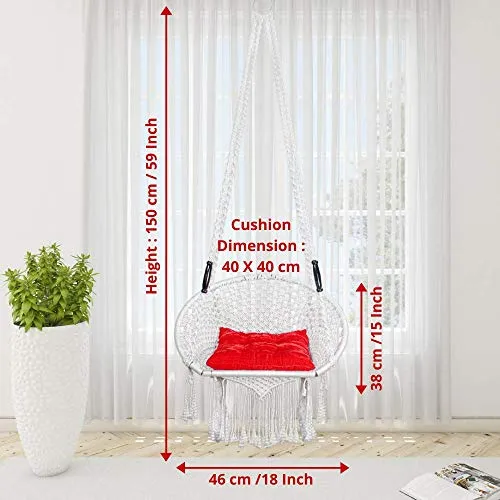 Curio Centre Make in India Round Premium Swing with Polyester Ropes & Mild Steel Frame for Adults & Kids/Indoor Outdoor Hanging Swing Chair with Cushion & Accessories (73 x 81 x 149 cm, White)