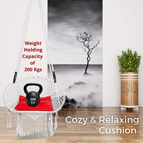 Curio Centre Make in India Round Premium Swing with Polyester Ropes & Mild Steel Frame for Adults & Kids/Indoor Outdoor Hanging Swing Chair with Cushion & Accessories (73 x 81 x 149 cm, White)