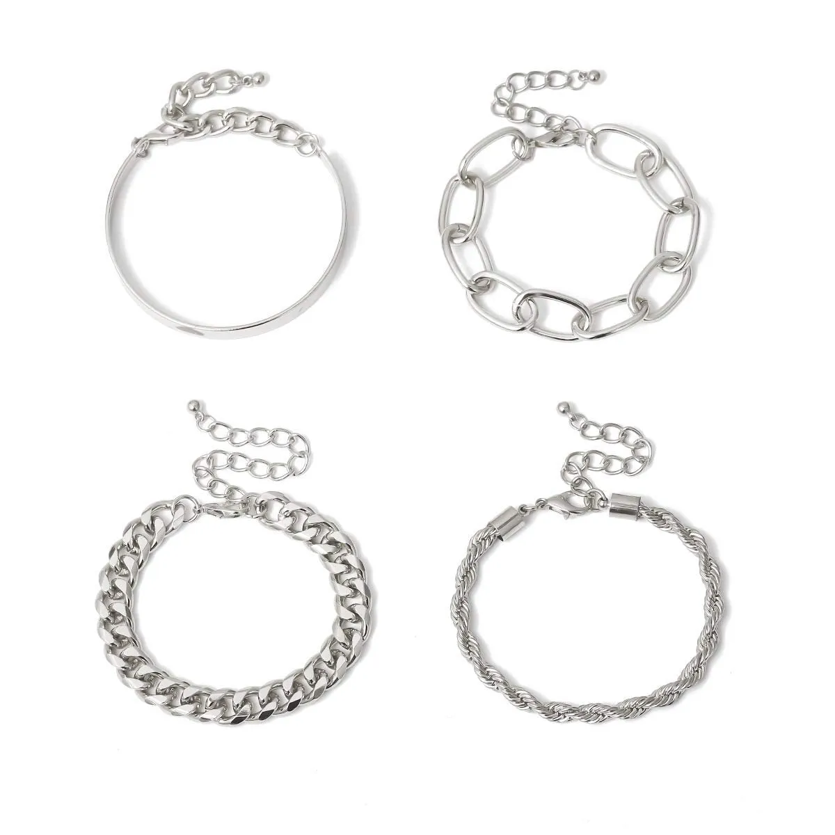 Dainty Boho Chunky Flat Cable Silver Chain Bracelets Set