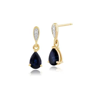 Damen 375 Gold 9ct Gelbgold Birne Saphir & Diamant Ohrstecker Blau