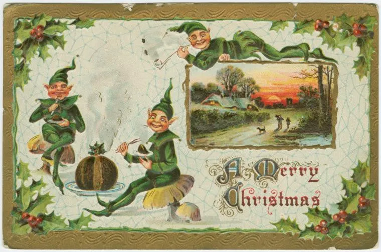 Digital Download "A Merry Christmas" Christmas Elves Postcard (c.1910) - Instant Download Printable