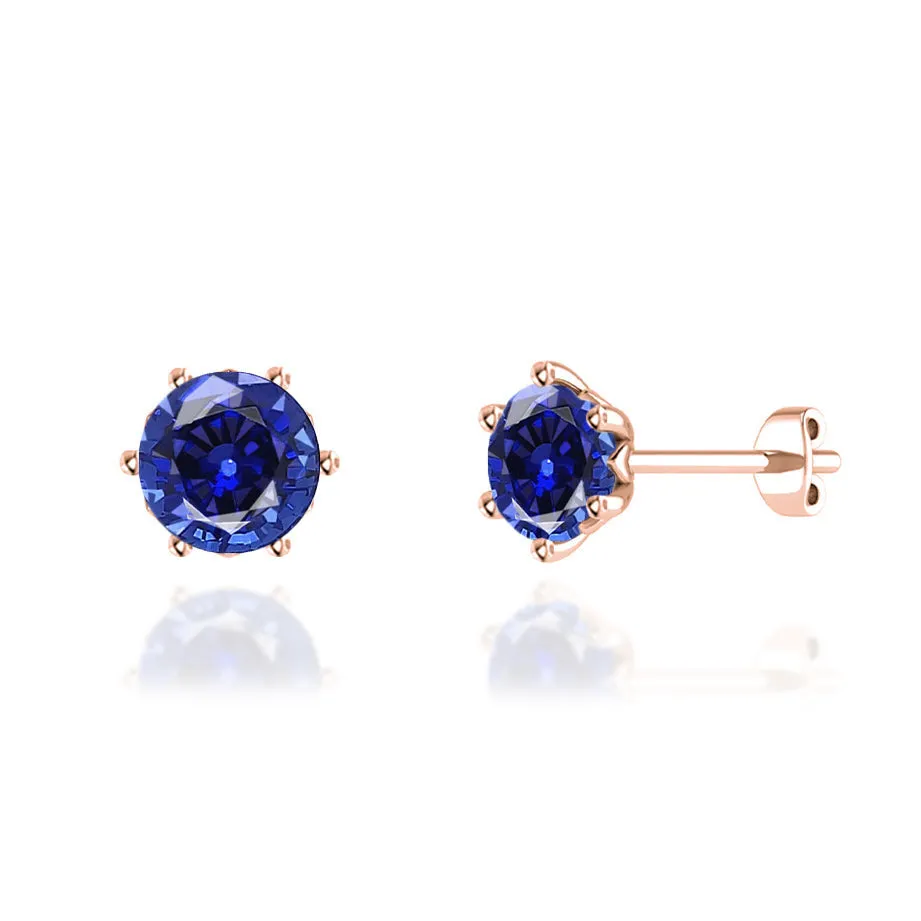 ELOISE - Round Blue Sapphire 18k Rose Gold Lotus Leaf Stud Earrings