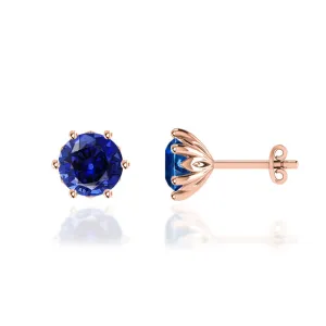 ELOISE - Round Blue Sapphire 18k Rose Gold Lotus Leaf Stud Earrings