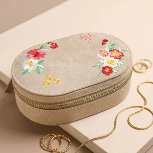 Embroidered Floral Oval Velvet Travel Jewellery Case