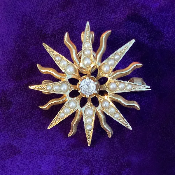 Estate Diamond & Seed Pearl Sunburst Pin