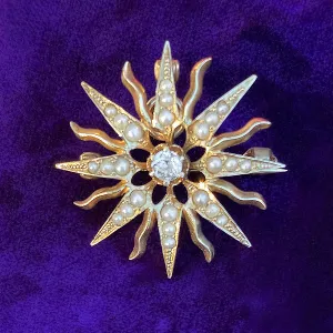 Estate Diamond & Seed Pearl Sunburst Pin