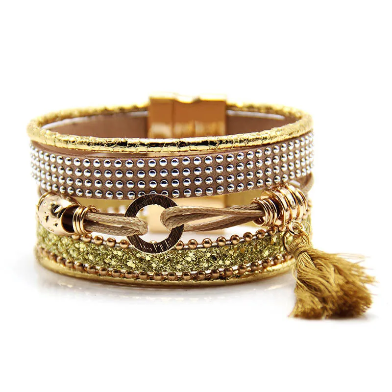 Fashion Multilayer Boho rhinestone Leather Tassels Magnet Bracelet