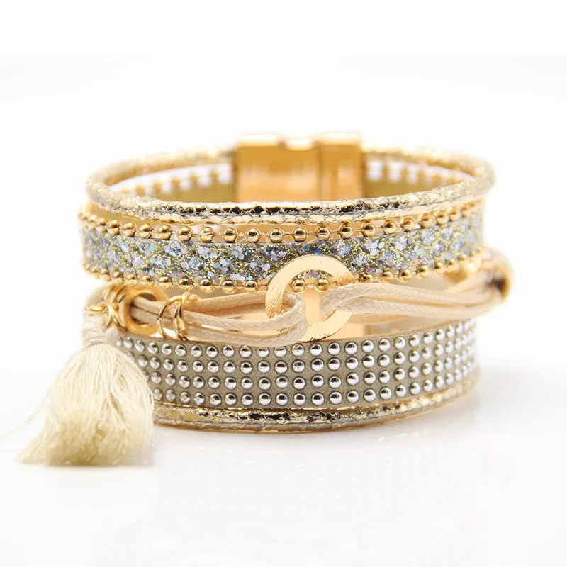 Fashion Multilayer Boho rhinestone Leather Tassels Magnet Bracelet