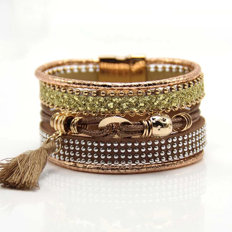 Fashion Multilayer Boho rhinestone Leather Tassels Magnet Bracelet