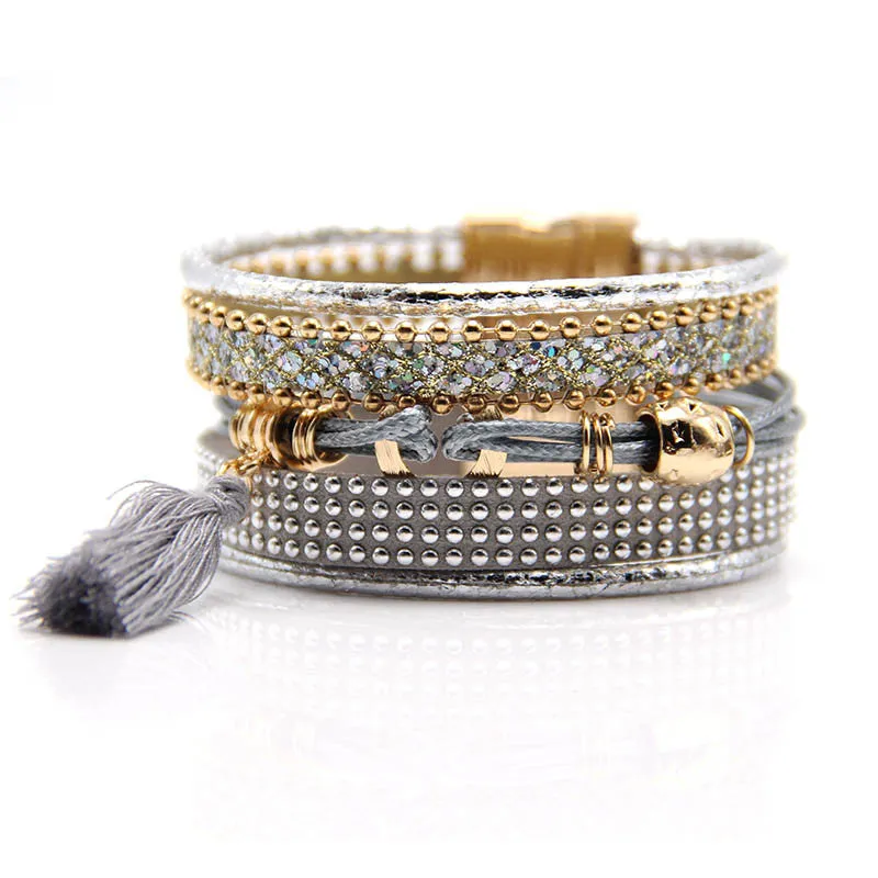 Fashion Multilayer Boho rhinestone Leather Tassels Magnet Bracelet