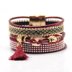 Fashion Multilayer Boho rhinestone Leather Tassels Magnet Bracelet