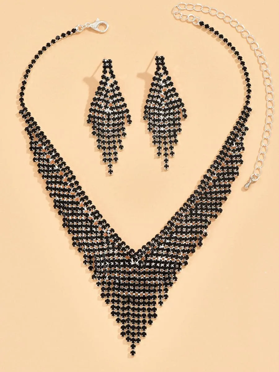 Fashion Tassel Black Crystal Necklace Set MSE00134