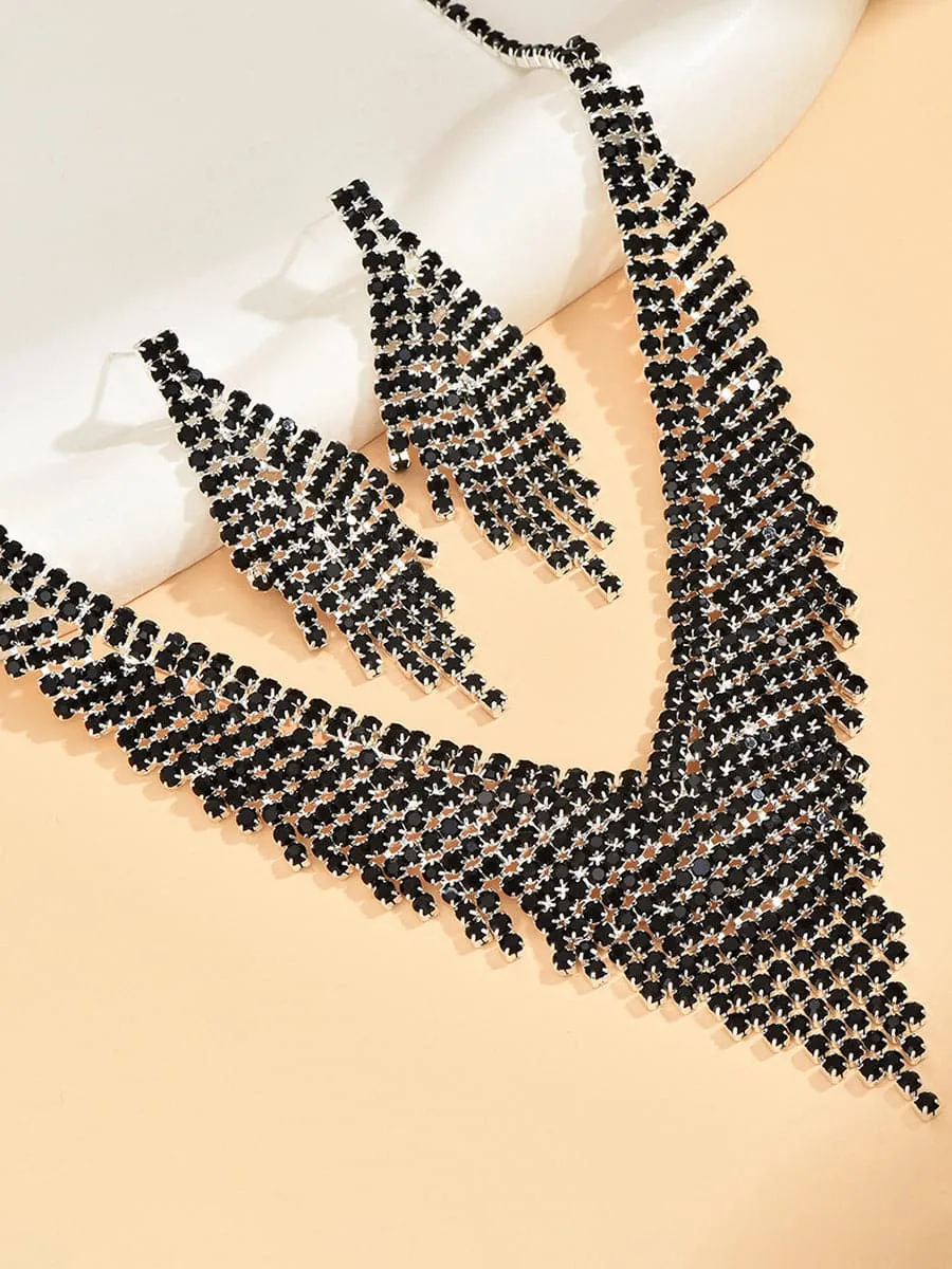 Fashion Tassel Black Crystal Necklace Set MSE00134