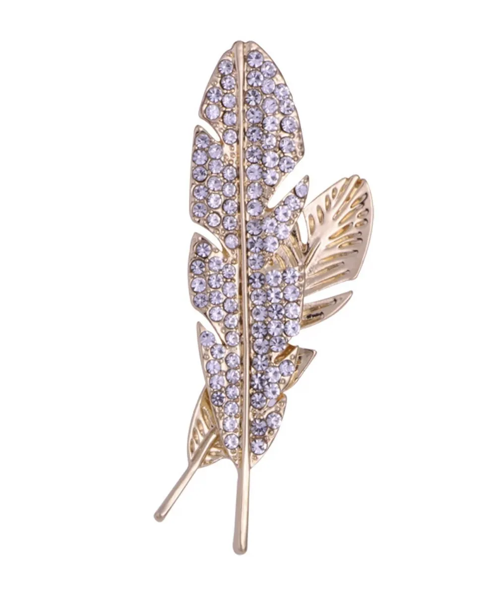 Feather leaf brooch stunning gold silver plated vintage look diamonte pin ggg62