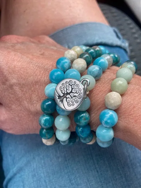 Flow with Life: Larimar, Blue Apatite and Riverstone Mala Style Wrap Bracelet