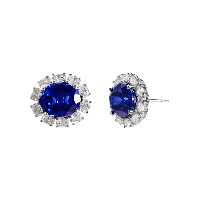 Flower Halo Oval Lab Created Sapphire Silver Earrings