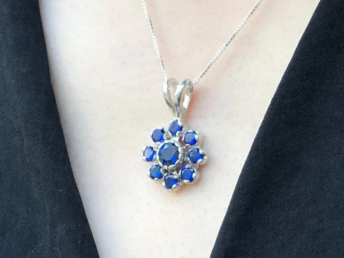 Flower Sapphire Pendant - Large Blue Necklace - Vintage Flower Necklace