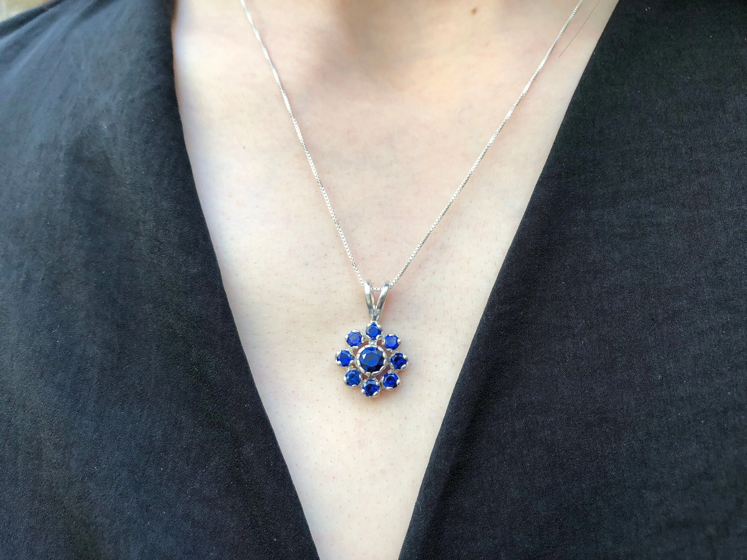 Flower Sapphire Pendant - Large Blue Necklace - Vintage Flower Necklace