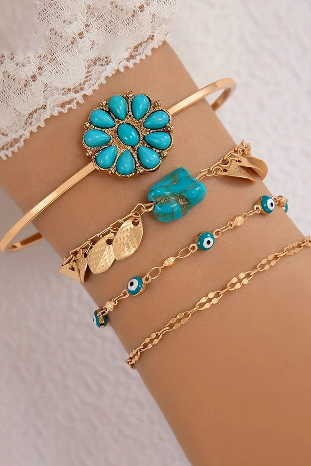 Gold Boho Turquoise Inlaid 4pcs Bracelet Set