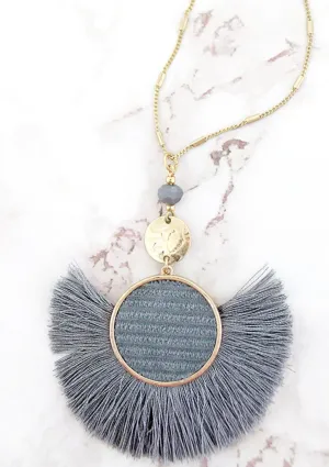 Gray Fringed Velvet Disk Fan Necklace