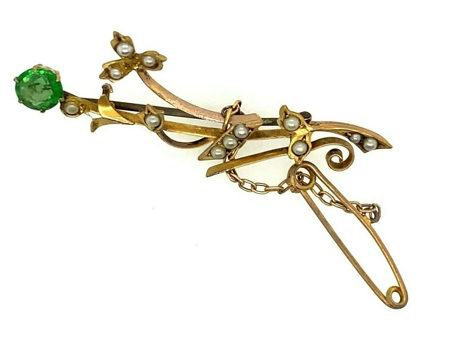 Green Garnet 9ct Yellow Gold Art Deco Style Brooch