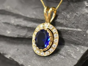 Halo Sapphire Gold Pendant - Vintage Blue Necklace, Blue Sapphire Pendant