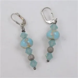 Handmade Aqua Beaded  Earrings Lampwork & Crystal