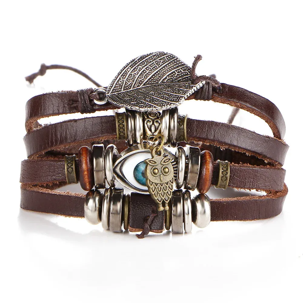 Handmade Boho Gypsy Hippie Brown Leather Bracelet Men Rope Cord Hand Turquoises Charm Stackable Wrap Bracelets for Women Jewelry