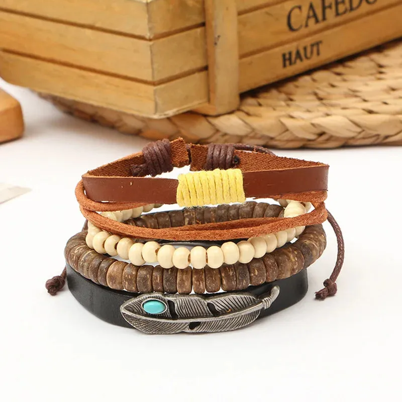 Handmade Boho Gypsy Hippie Brown Leather Bracelet Men Rope Cord Hand Turquoises Charm Stackable Wrap Bracelets for Women Jewelry